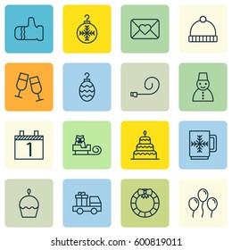 Set Of 16 Celebration Icons. Includes Birthday Cake, Champagne Glasses, Christmas Toy And Other Symbols. Beautiful Design Elements.
