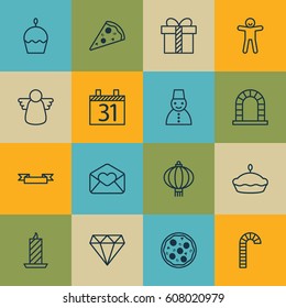 Set Of 16 Celebration Icons. Includes Archangel, Shortcake, Flan And Other Symbols. Beautiful Design Elements.