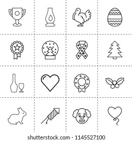 Set of 16 celebration outline icons such as rabbit, spruce, clown, fireworks, trophy, balloon, turkey, easter egg, mistletoe, medal, christmas wreath, snow ball, ribbon, heart