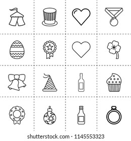 Set of 16 celebration outline icons such as circus, heart, party hat, clover, christmas tree toy, easter egg, christmas bell, beer bottle, medal, cake, christmas wreath