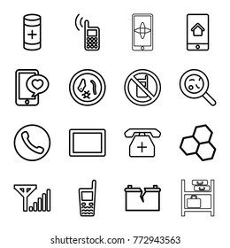 Set of 16 cell outline icons such as no phone, chemical structure, bacteria, microorganism, phone with heart, call, tablet, old phone, battery, broken battery, mobile signal