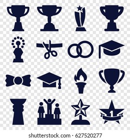 set of 16 ceremony filled icons such as graduation cap, bow tie, trophy, 1st place star, torch, ranking, star trophy, scissors and ribbon, graduation hat