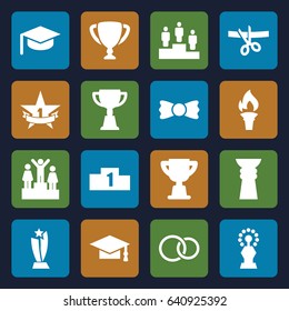 Set of 16 ceremony filled icons such as graduation cap, bow tie, trophy, rings, ranking, 1st place star, torch, scissors and ribbon