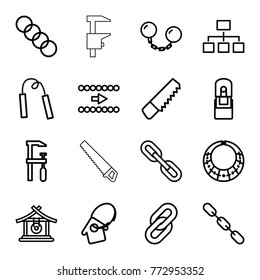 Set of 16 chain outline icons such as gong, saw, chainsaw, arrow, structure, chain, link, office supply, home key tag