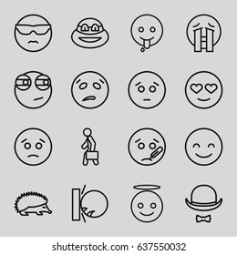set of 16 character outline icons such as hedgehog, man with case, hat and moustache, smiling emot, sad emot, emoji angel, crying emoji