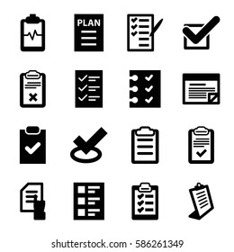 Set of 16 checklist filled icons such as pointing on document, clipboard, heartbeat clipboard, check list, checklist, tick
