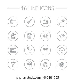 Set Of 16 Cheerful Outline Icons Set.Collection Of Camera, Firecrackers, Gift And Other Elements.