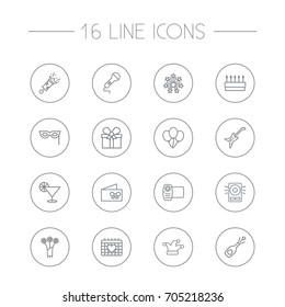 Set Of 16 Cheerful Outline Icons Set.Collection Of Gift, Microphone, Flower And Other Elements.
