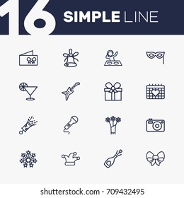 Set Of 16 Cheerful Outline Icons Set.Collection Of Jester, Microphone, Decorative And Other Elements.