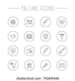 Set Of 16 Cheerful Outline Icons Set.Collection Of Pastry, Bow, Stars And Other Elements.