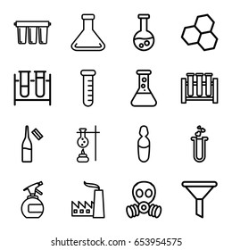 Set of 16 chemical outline icons such as spray bottle, test tube, heart test tube