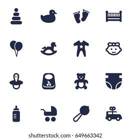 Set Of 16 Child Icons Set.Collection Of Cot, Smock, Pram And Other Elements.