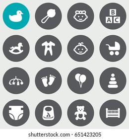 Set Of 16 Child Icons Set.Collection Of Air Balloon, Girl, Cot And Other Elements.