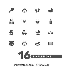 Set Of 16 Child Icons Set.Collection Of Abc Block, Duck, Trace And Other Elements.