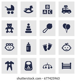 Set Of 16 Child Icons Set.Collection Of Smock, Decoration, Equine And Other Elements.