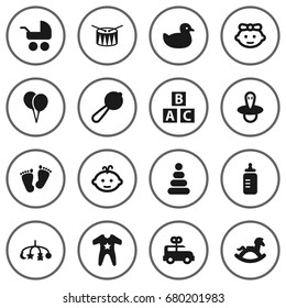 Set Of 16 Child Icons Set.Collection Of Hangings, Toy, Girl And Other Elements.