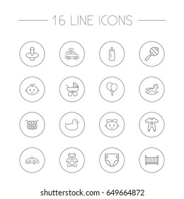 Set Of 16 Child Outline Icons Set.Collection Of Crib, Toys, Rubber And Other Elements.