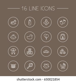 Set Of 16 Child Outline Icons Set.Collection Of Toys, Balloons, Bottle And Other Elements.