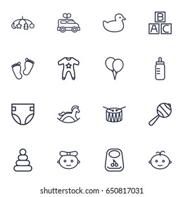 Set Of 16 Child Outline Icons Set.Collection Of Pyramid, Rubber, Alphabet Cubes And Other Elements.