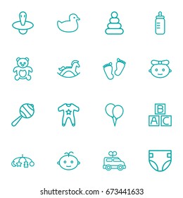Set Of 16 Child Outline Icons Set.Collection Of Teddy, Balloon, Rattles And Other Elements.