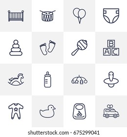 Set Of 16 Child Outline Icons Set.Collection Of Alphabet Cubes, Clockwork Car, Bib And Other Elements.