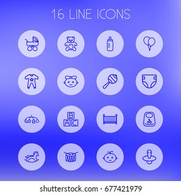 Set Of 16 Child Outline Icons Set.Collection Of Smock, Bib, Drum And Other Elements.