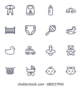 Set Of 16 Child Outline Icons Set.Collection Of Baby, Crib, Carriage And Other Elements.