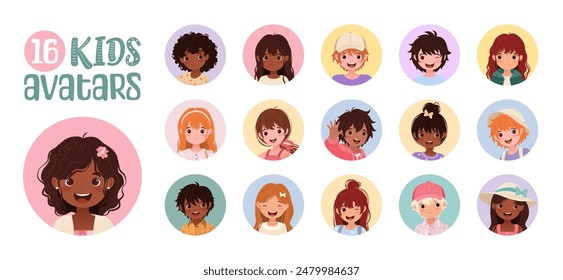 Set von 16 Kinder Avatare. Lustige Cartoon Vorschul- und Schulkinder. Jungen und Mädchen mit unterschiedlichen Frisuren, Hautfarben und Ethnien. Runde Vektorgrafik isolierte Avatare auf weißem Hintergrund.
