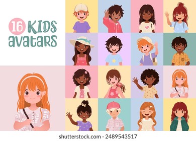 Conjunto de 16 avatares infantiles. Divertido dibujo animado preescolar y escolares. Niños y niñas con peinados, colores de piel y etnias diversas. Vector avatares aislados sobre fondos de colores.