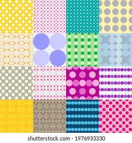 A set of 16 children's patterns. Seamless patterns. Set of polka dots. Baby Background. Baby shower poster. Vector illustration. Pastel shades. 