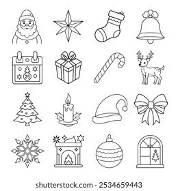 Set of 16 chrismas elements vector line art