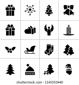 Set of 16 christmas filled icons such as spruce, fireworks, present, christmas tree, socks, mistletoe, mittens, predent, angel, santa claus, sledge, beanie