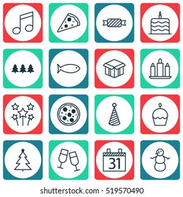 Set Of 16 Christmas Icons. Can Be Used For Web, Mobile, UI And Infographic Design. Includes Elements Such As Fish, Wax, Caramel And More.
