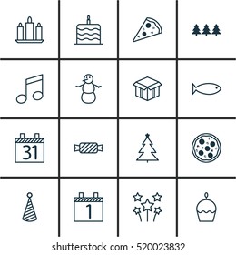 Set Of 16 Christmas Icons. Can Be Used For Web, Mobile, UI And Infographic Design. Includes Elements Such As Tree, Festive, Fish And More.