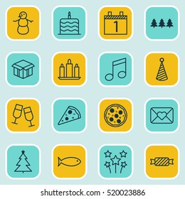 Set Of 16 Christmas Icons. Can Be Used For Web, Mobile, UI And Infographic Design. Includes Elements Such As Box, Candy, Note And More.