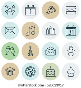 Set Of 16 Christmas Icons. Can Be Used For Web, Mobile, UI And Infographic Design. Includes Elements Such As Email, Banner, Firework And More.