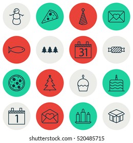 Set Of 16 Christmas Icons. Can Be Used For Web, Mobile, UI And Infographic Design. Includes Elements Such As Email, Pizzeria, Christmas And More.