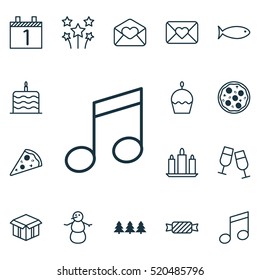 Set Of 16 Christmas Icons. Can Be Used For Web, Mobile, UI And Infographic Design. Includes Elements Such As Box, Meal, Slice And More.