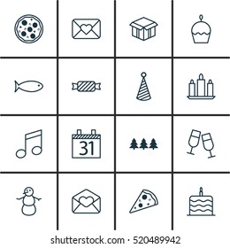 Set Of 16 Christmas Icons. Can Be Used For Web, Mobile, UI And Infographic Design. Includes Elements Such As Pizza, Cake, Greeting And More.
