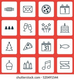 Set Of 16 Christmas Icons. Can Be Used For Web, Mobile, UI And Infographic Design. Includes Elements Such As Clink, Wax, Tree And More.