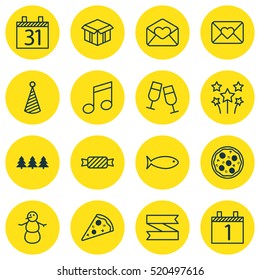 Set Of 16 Christmas Icons. Can Be Used For Web, Mobile, UI And Infographic Design. Includes Elements Such As Candy, Fish, Pizza And More.