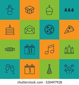 Set Of 16 Christmas Icons. Can Be Used For Web, Mobile, UI And Infographic Design. Includes Elements Such As Music, Candy, Piece And More.