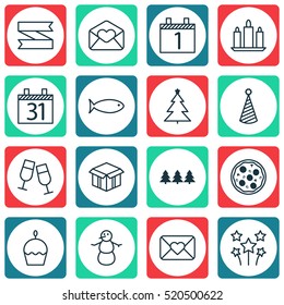 Set Of 16 Christmas Icons. Can Be Used For Web, Mobile, UI And Infographic Design. Includes Elements Such As Fish, Blank, Firework And More.