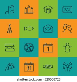 Set Of 16 Christmas Icons. Can Be Used For Web, Mobile, UI And Infographic Design. Includes Elements Such As Music, Hat, Love And More.