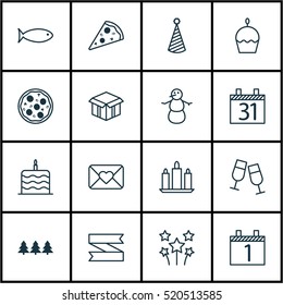 Set Of 16 Christmas Icons. Can Be Used For Web, Mobile, UI And Infographic Design. Includes Elements Such As Wax, Banner, Cake And More.