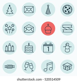 Set Of 16 Christmas Icons. Can Be Used For Web, Mobile, UI And Infographic Design. Includes Elements Such As Celebrate, Hat, Music And More.