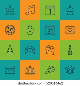 Set Of 16 Christmas Icons. Can Be Used For Web, Mobile, UI And Infographic Design. Includes Elements Such As Pizza, Winter, Open And More.