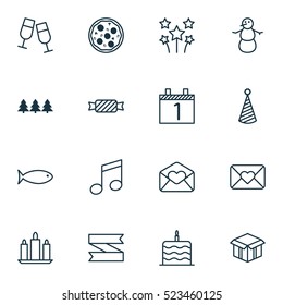 Set Of 16 Christmas Icons. Can Be Used For Web, Mobile, UI And Infographic Design. Includes Elements Such As Close, Love, Fish And More.
