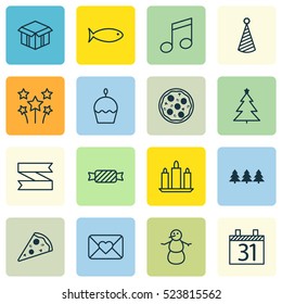 Set Of 16 Christmas Icons. Can Be Used For Web, Mobile, UI And Infographic Design. Includes Elements Such As Pizzeria, Flame, Sweet And More.