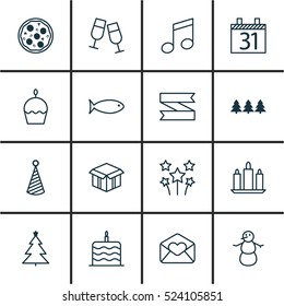 Set Of 16 Christmas Icons. Can Be Used For Web, Mobile, UI And Infographic Design. Includes Elements Such As Xmas, Meal, Blank And More.